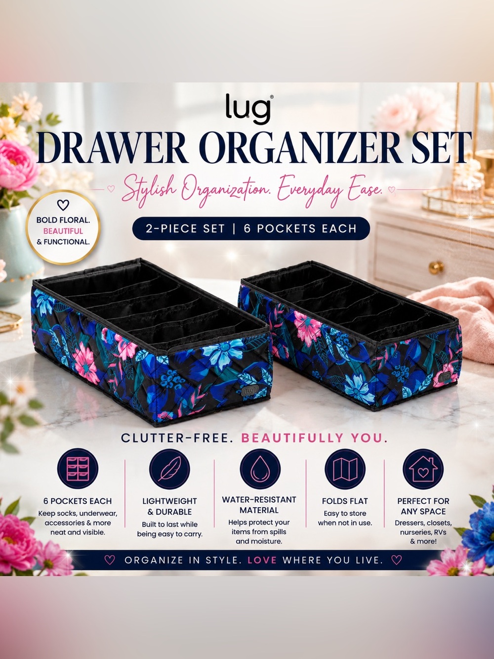 Lug Dolly 2-Piece 6 Pocket Drawer Organizer Set Resort Black  NWT